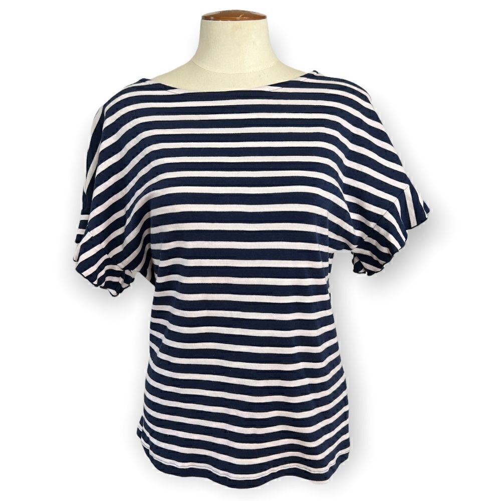 Rachel Parcell Navy Blue Striped Ruffle Short Sleeve Top Size XXS